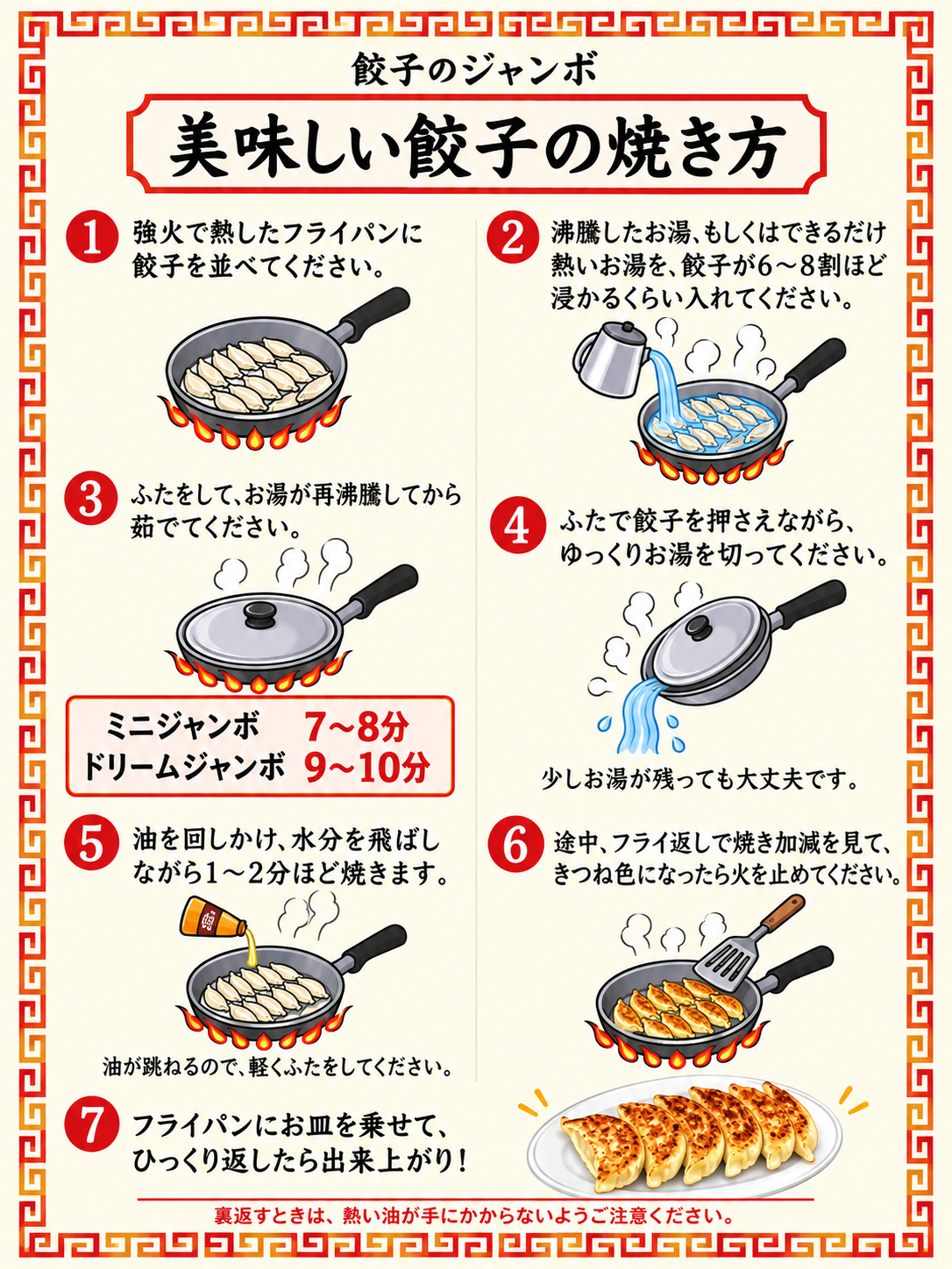 餃子のジャンボの焼き方説明書。7つの手順と、再沸騰後のミニジャンボ7〜8分・ドリームジャンボ9〜10分のゆで時間。本文は「焼き方をテキストで読む」からも確認できます。
